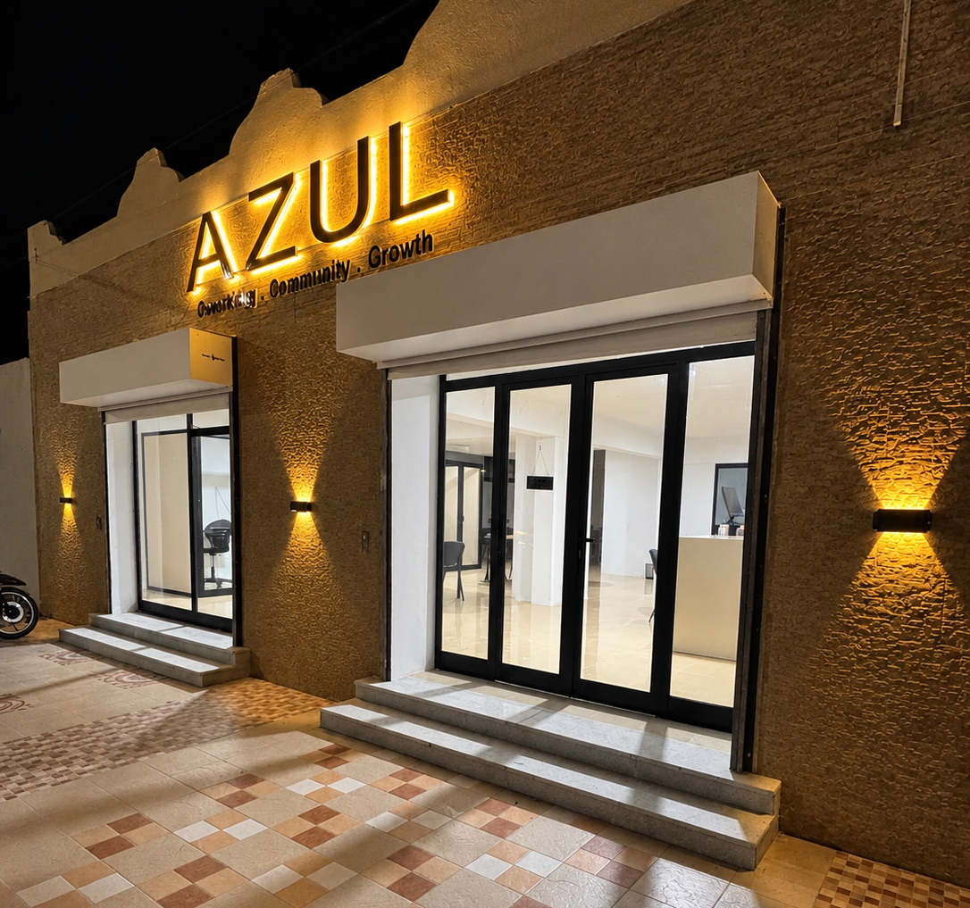 Azul coworking entrance at night
